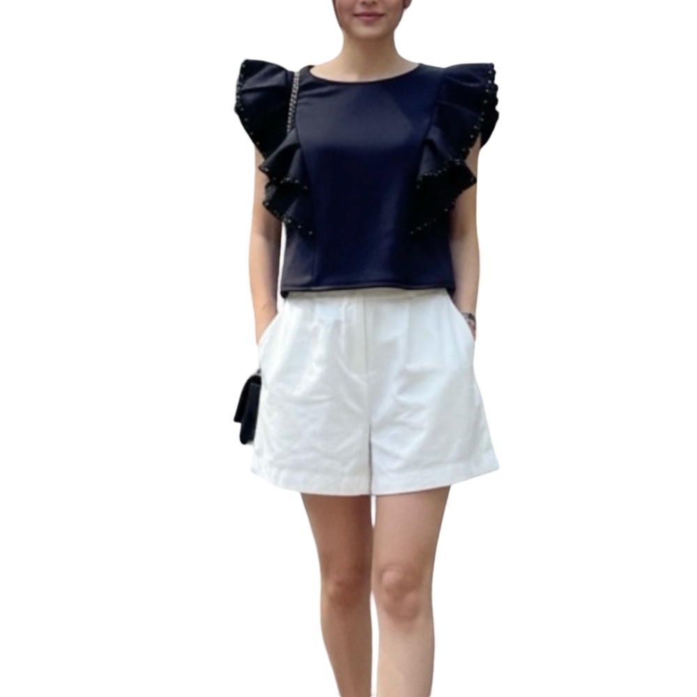 #A040  FT INC Black Puff Sleeve Ruffle Top, Beaded Trim, NWT, Size L